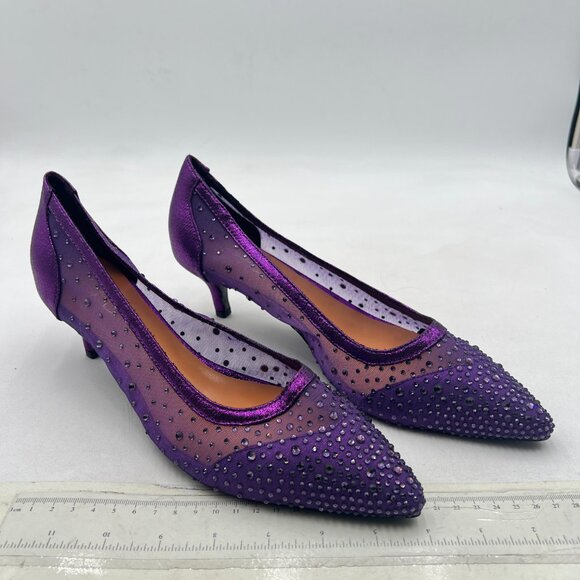 XYD Purple Pointed Toe Slip On Mesh Pumps Rhinestone Studs Kitten Heels Shoes - Picture 4 of 8